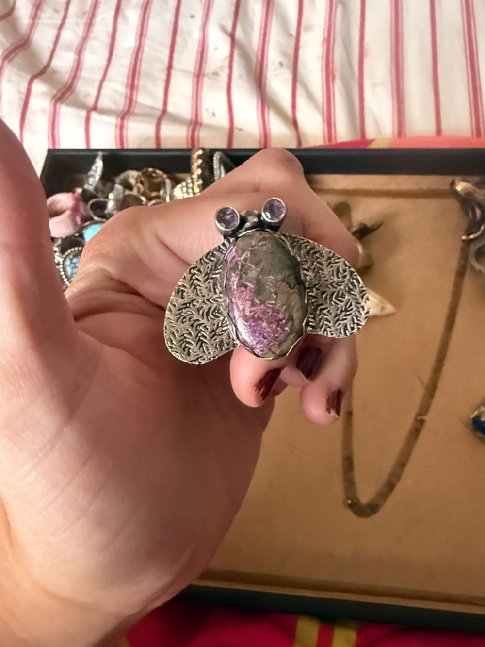 Handmade Silver Bee Ring with Purple Stone